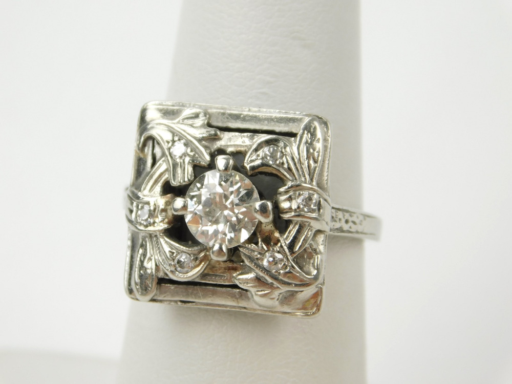 Antique Art Deco 14k White Gold 5.8mm Europe Cut Diamond Leaf Design Ring Sz 6.5